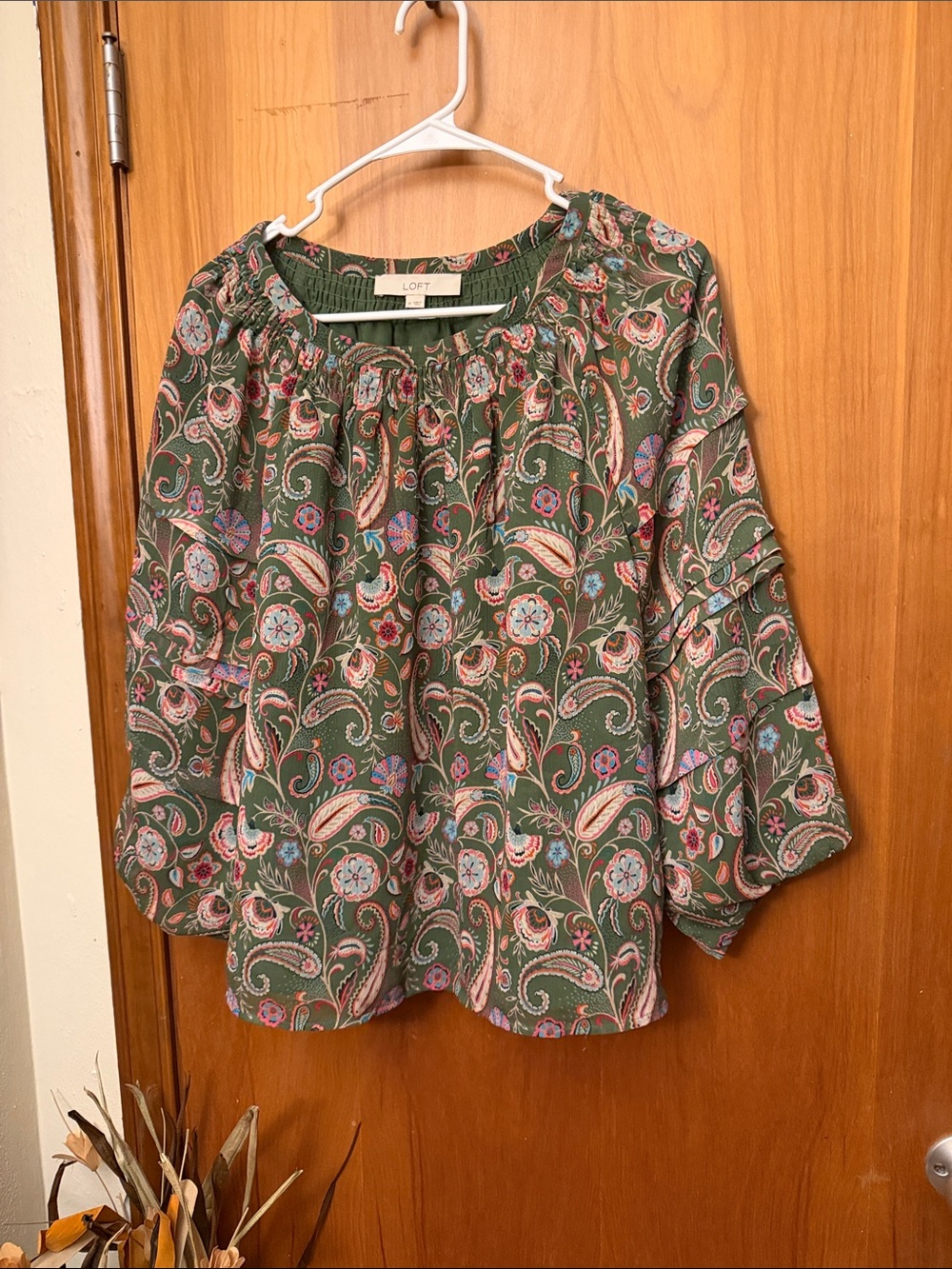 LOFT Olive Green Paisley Peasant Top